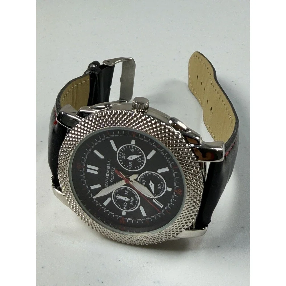 Ensemble Quartz Men’s Watch Black Dial Silver Tone 42.7mm Leather Strap Runs